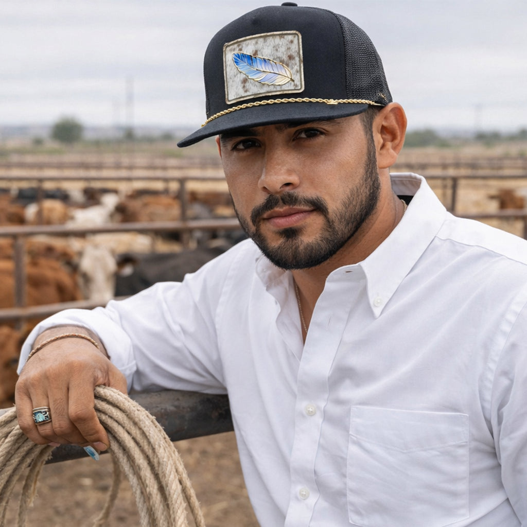 Sombrero de piel de vaca con plumas